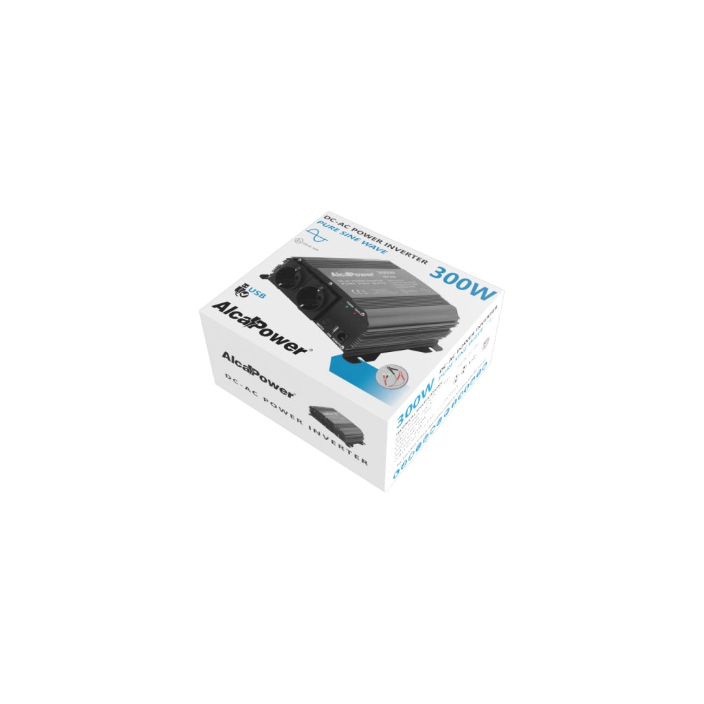 Alcapower Inverter ad Onda Sinusoidale Pura 300W, Ingresso 12V DC, Uscita 230V AC, 2 Prese Schuko, USB 5V 500mA per dispositivi elettronici sensibili