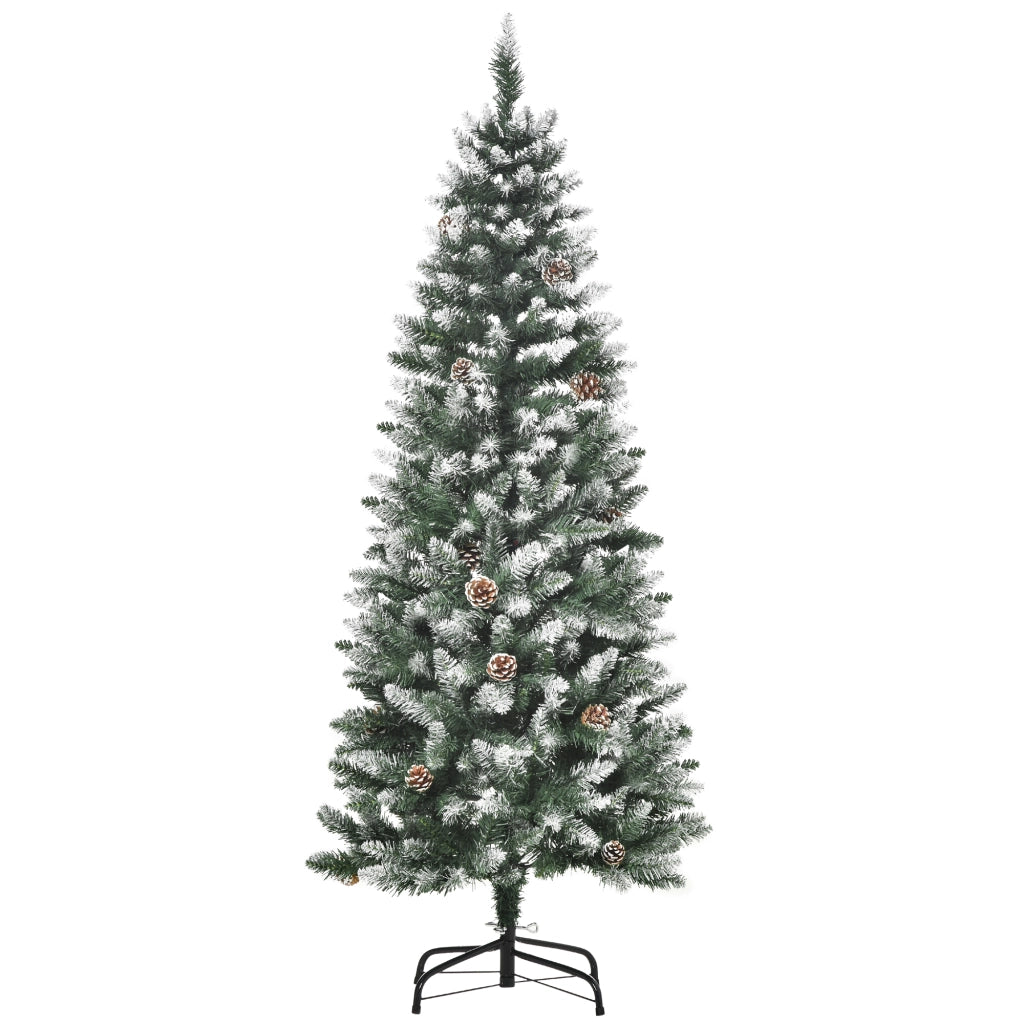 Albero di Natale Innevato 150 cm in Plastica e Metallo Verde e Bianco con 464 Rami e 28 Pigne Facile da Montare Robusto per Casa