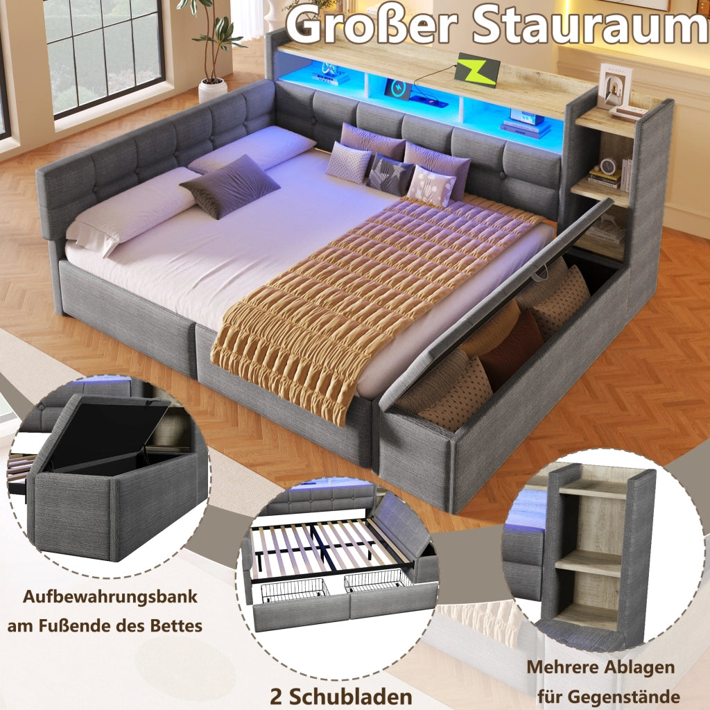 Divano letto 140 x 190 cm con LED e contenitori, USB/USB-C, letto imbottito in velluto grigio scuro con cassetti, ripiani e vani