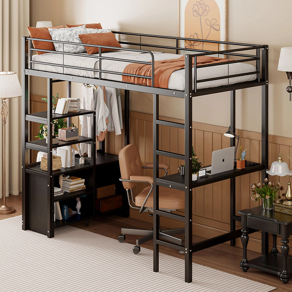 Letto a soppalco 90 × 200 cm con scrivania prese USB scaffali struttura in metallo e MDF nero