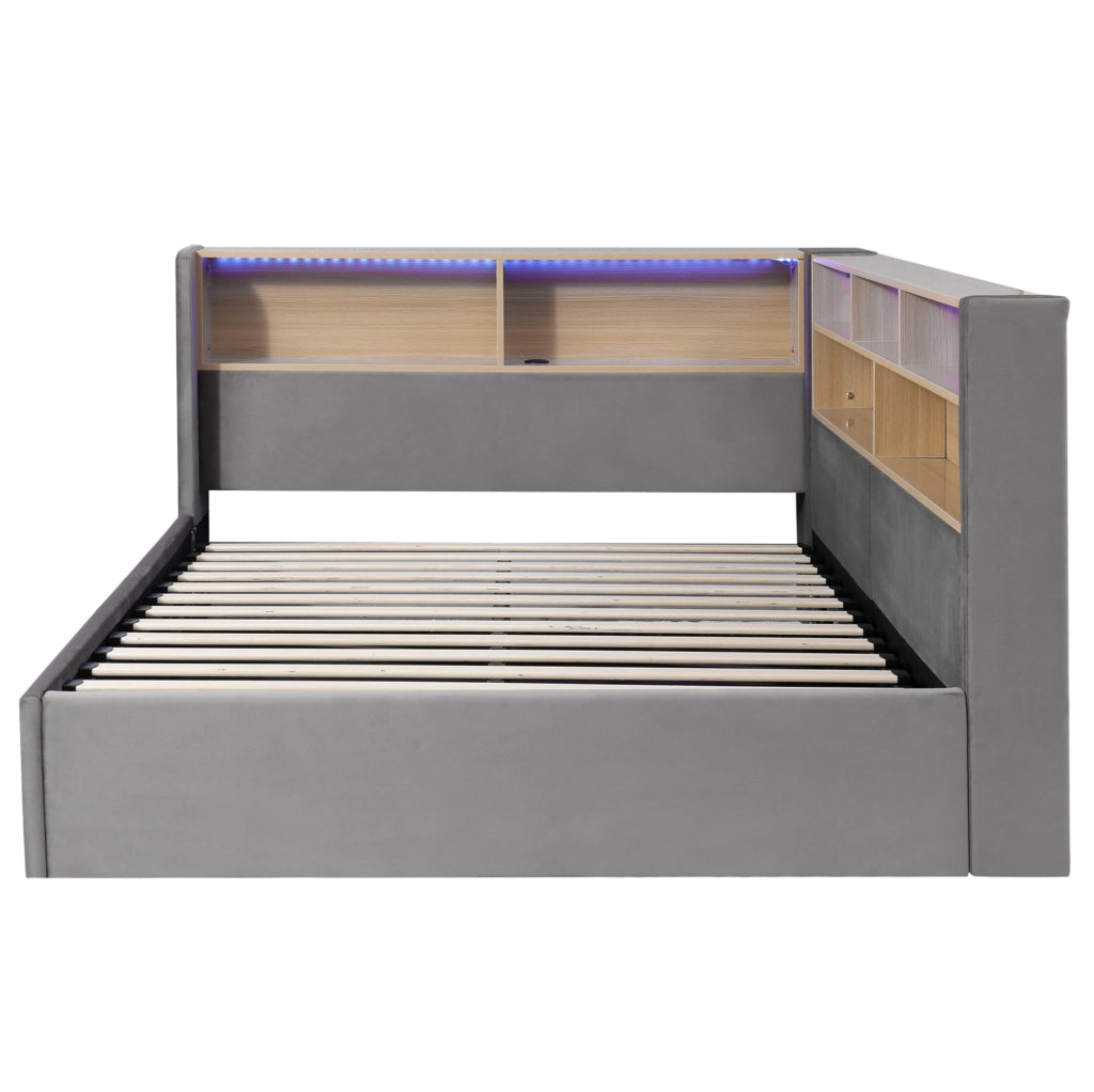 Letto singolo 140x200 cm con contenitore idraulico, rivestimento in velluto grigio, luminosità LED e porte USB