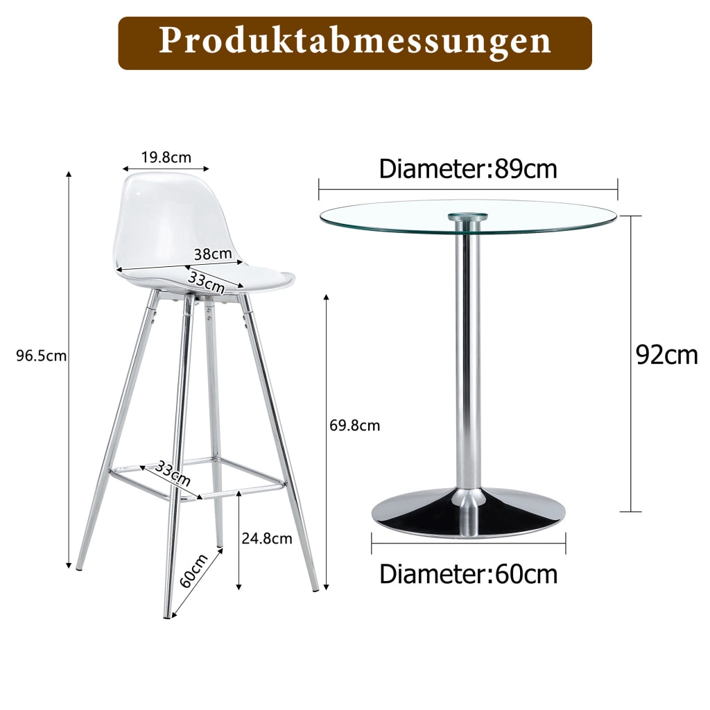 Set Bar Flessibile: Tavolo Rotondo in Vetro Trasparente Ø 89 cm + 2 Sgabelli da Bar con Gambe Argentate, Salvaspazio e Versatile