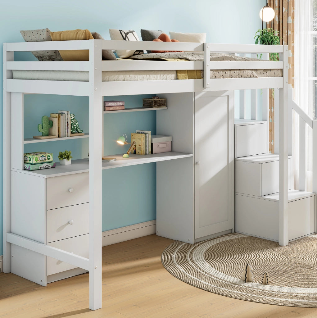 Letto a soppalco per bambini 90x200 cm bianco in MDF e legno con lavagna e contenitore， senza materasso