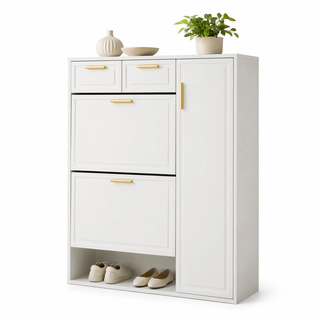 Scarpiera 95x24x107;5 cm con 2 cassetti e ripiani regolabili in truciolare; bianca