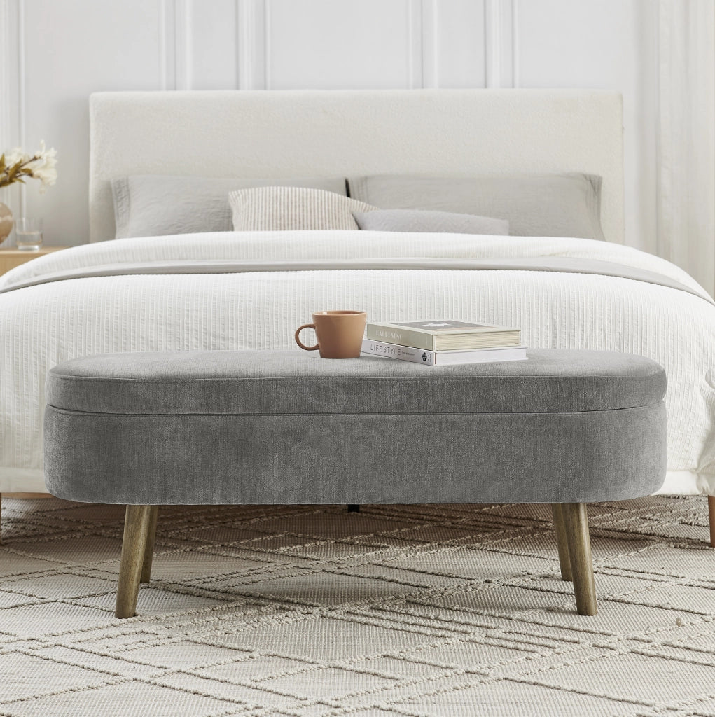 Panca contenitore multifunzione con rivestimento in chenille grigio scuro, struttura in legno massiccio, 110x40x42 cm