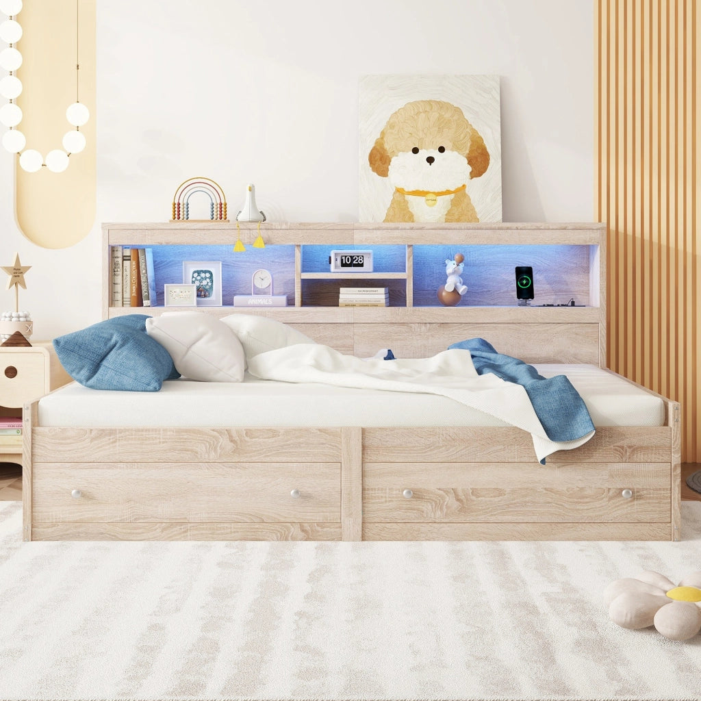Letto singolo 90×200 cm con LED; USB; 2 cassetti e vani; rete inclusa; senza materasso; naturale