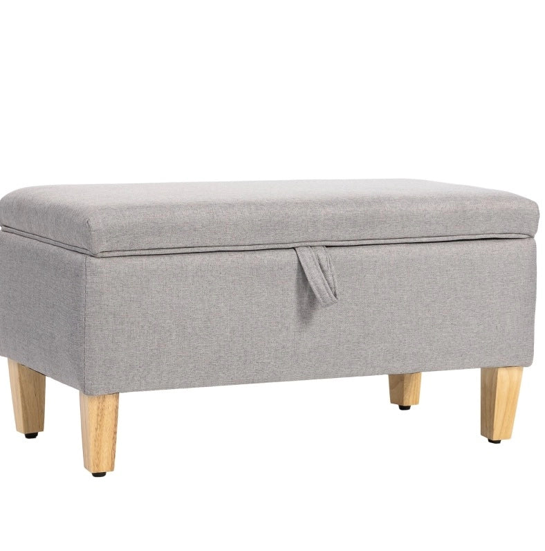 Panca contenitore imbottita in tessuto effetto lino grigio chiaro con gambe in legno di gomma