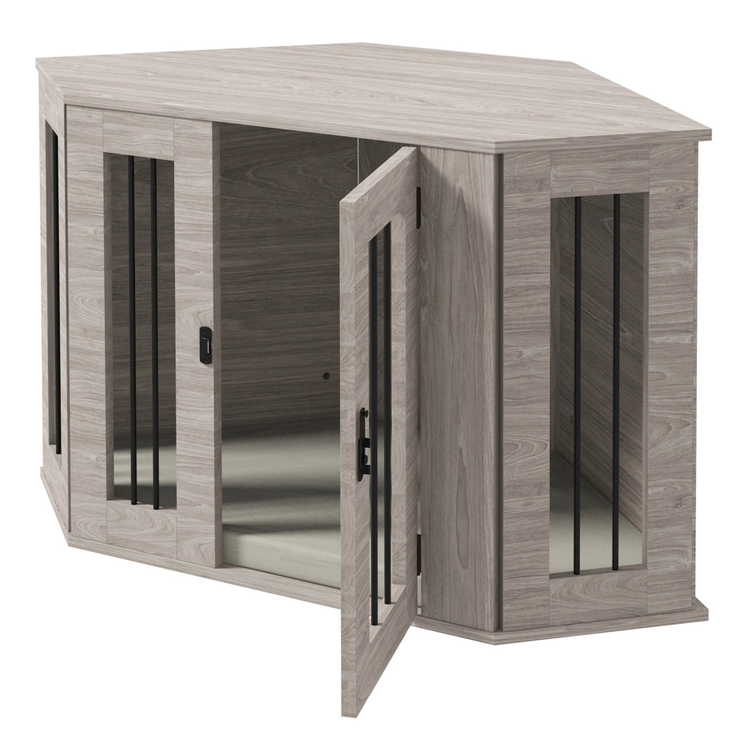 Gabbia per cani in compensato color noce con barre d’acciaio e chiavistello 104 × 55 × 63 cm per cani medi