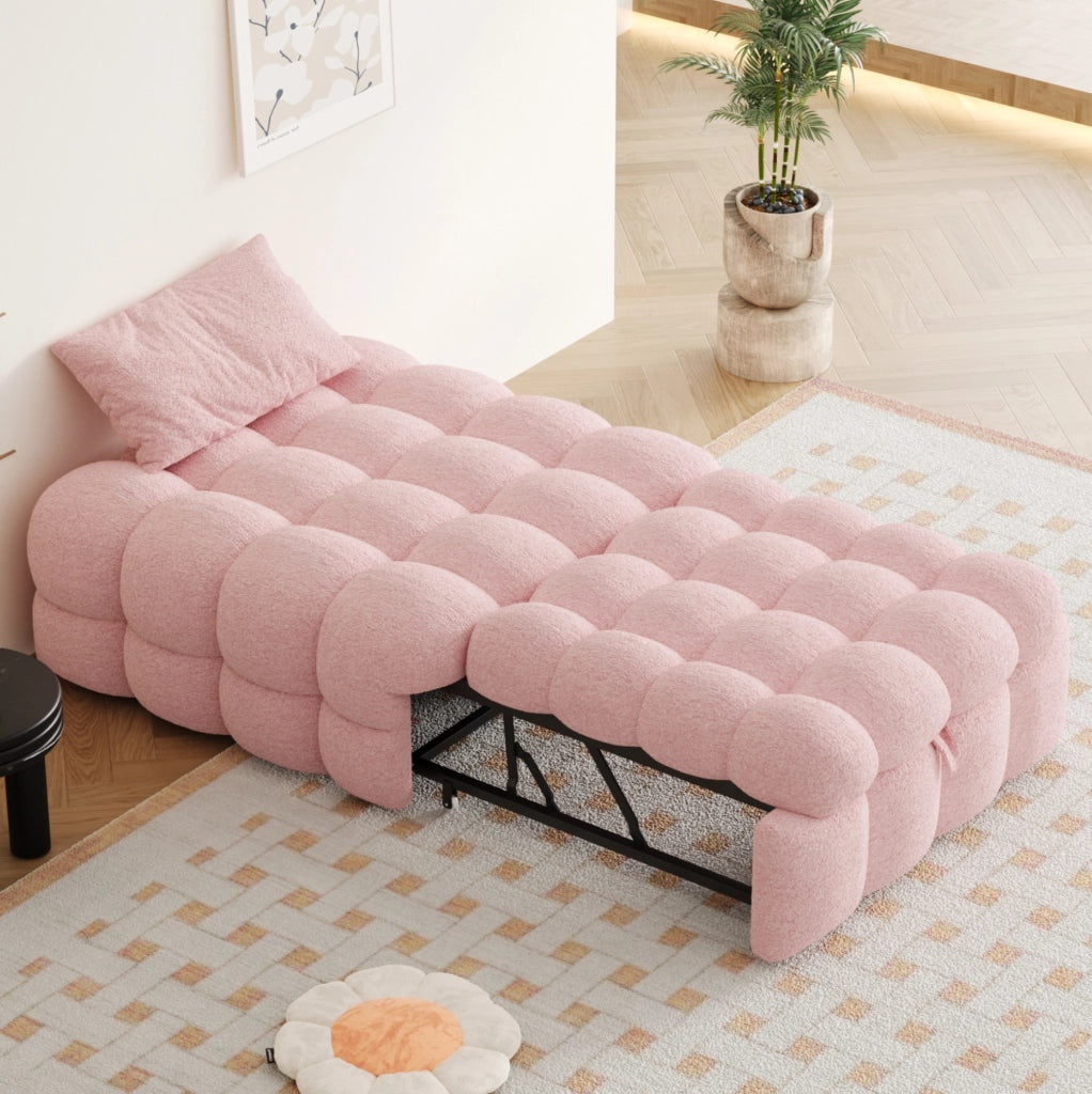 Pouf letto 2 in 1 183x76 cm rosa in tessuto Teddy, divano letto singolo