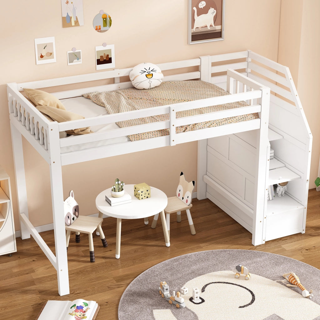 Letto a Soppalco 90x200 cm - Scala Contenitore; Parapetto - in MDF e Legno - Bianco