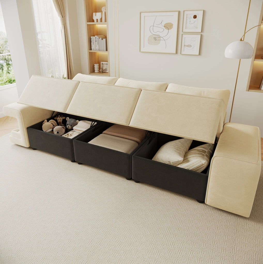 Divano modulare 3 posti in velluto beige con braccioli larghi, area per animali integrata, spazio contenitore e due cuscini