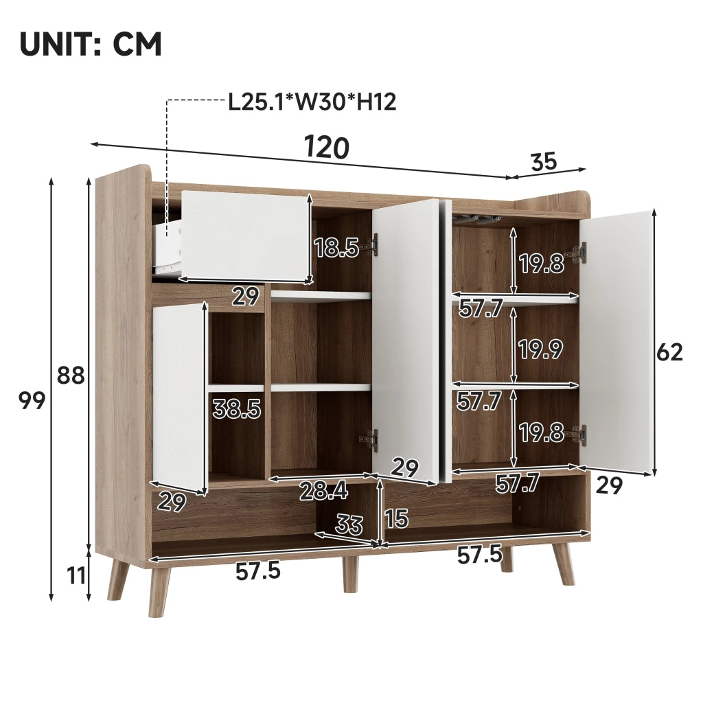 Scarpiera con 4 ante e cassetto ripiano regolabile in pannello truciolare bianco naturale 120 × 35 × 99 cm