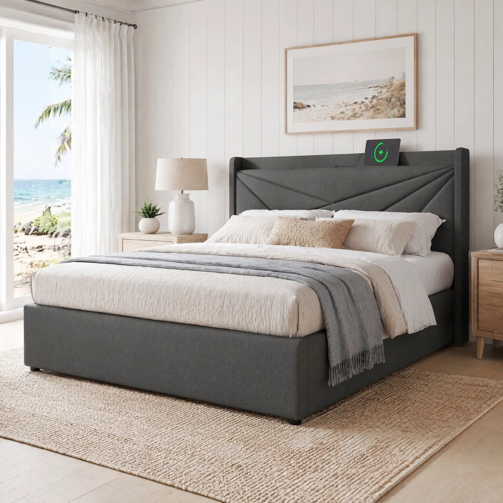 Letto matrimoniale con contenitore 180 × 200 cm con testiera imbottita ricarica USB e USB-C in cotone e lino grigio