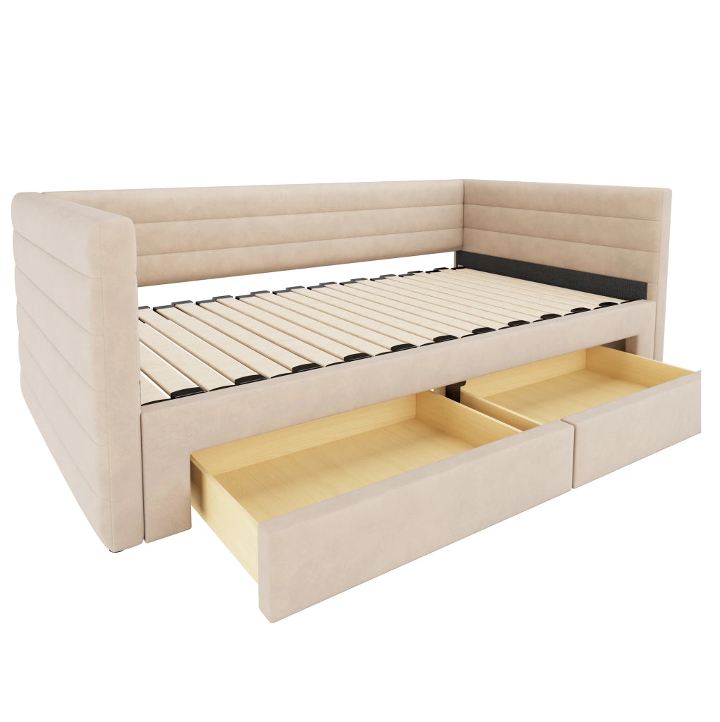 Letto imbottito 3-in-1 con 2 cassetti; divano e letto estraibile 90x190/180x190 cm; beige