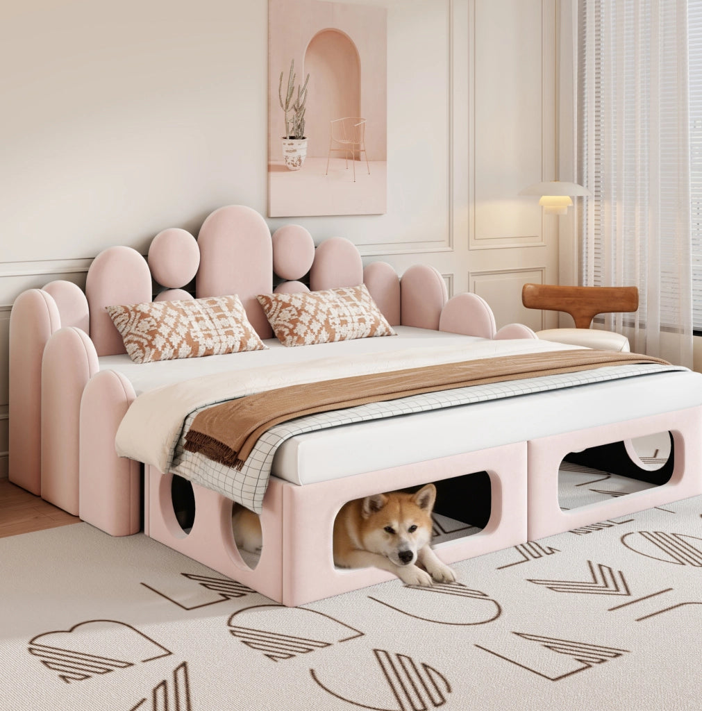 Letto imbottito 180x200 cm con cuccia per animali rimovibile in velluto rosa