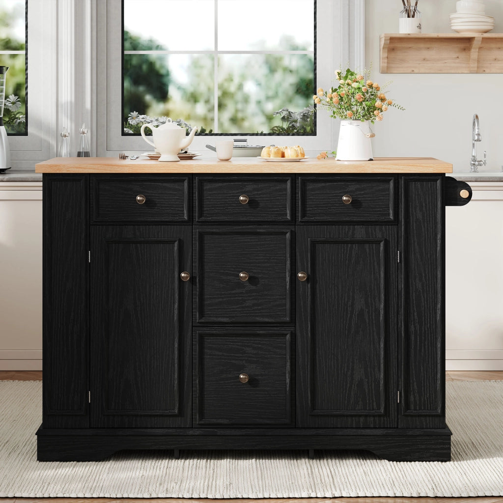 Mobile contenitore da cucina con piano pieghevole, 5 cassetti e prese integrate, in MDF nero, 130,5 × 40-65 × 92 cm