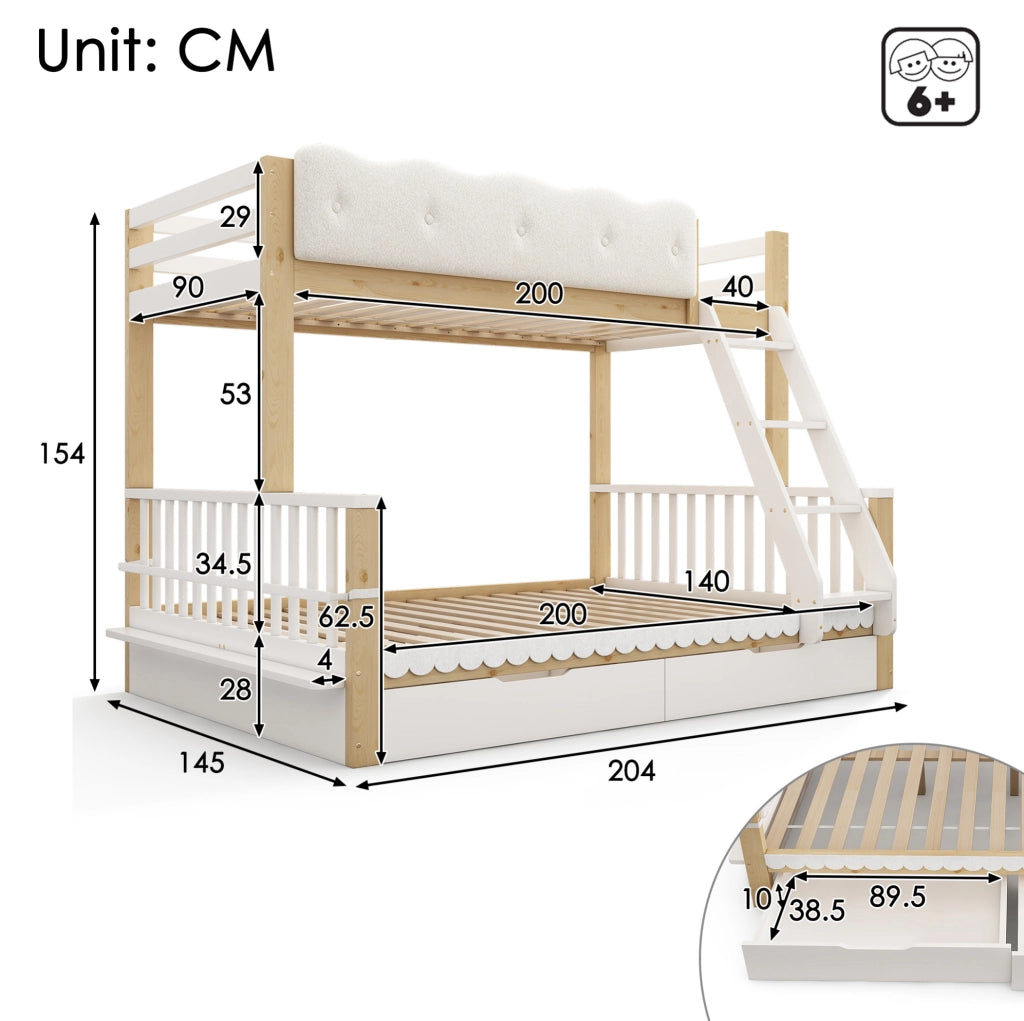 Letto a castello 90x200 e 140x200 cm con 2 cassetti e portariviste; pino e truciolare; bianco e rovere