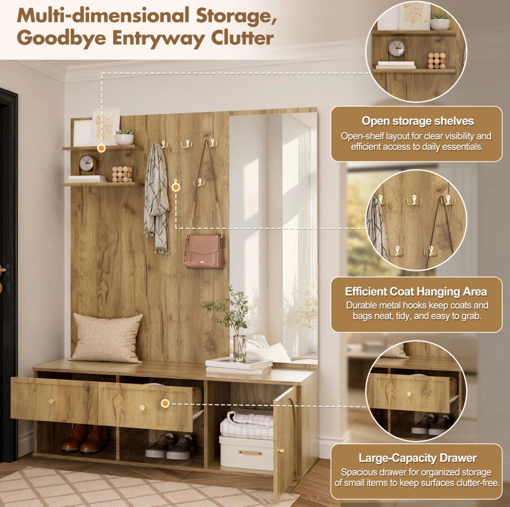 Set Appendiabiti da Parete con Specchio, Cassetti, Scaffale Sospeso, 5 Ganci e Panca Portascarpe, in Truciolare Effetto Legno, 120×35×159 cm