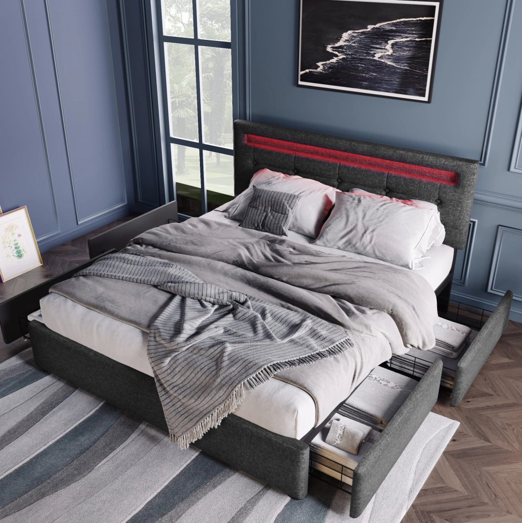 Letto matrimoniale con LED, 4 cassetti e testiera regolabile