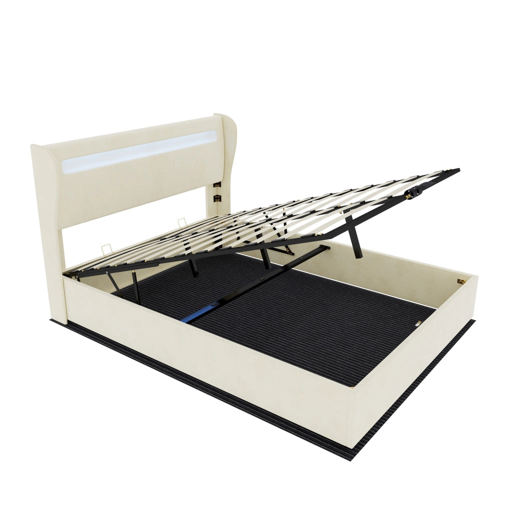 Letto contenitore matrimoniale 140 × 200 cm 2 posti con LED regolabile e base sollevabile, senza materasso, beige
