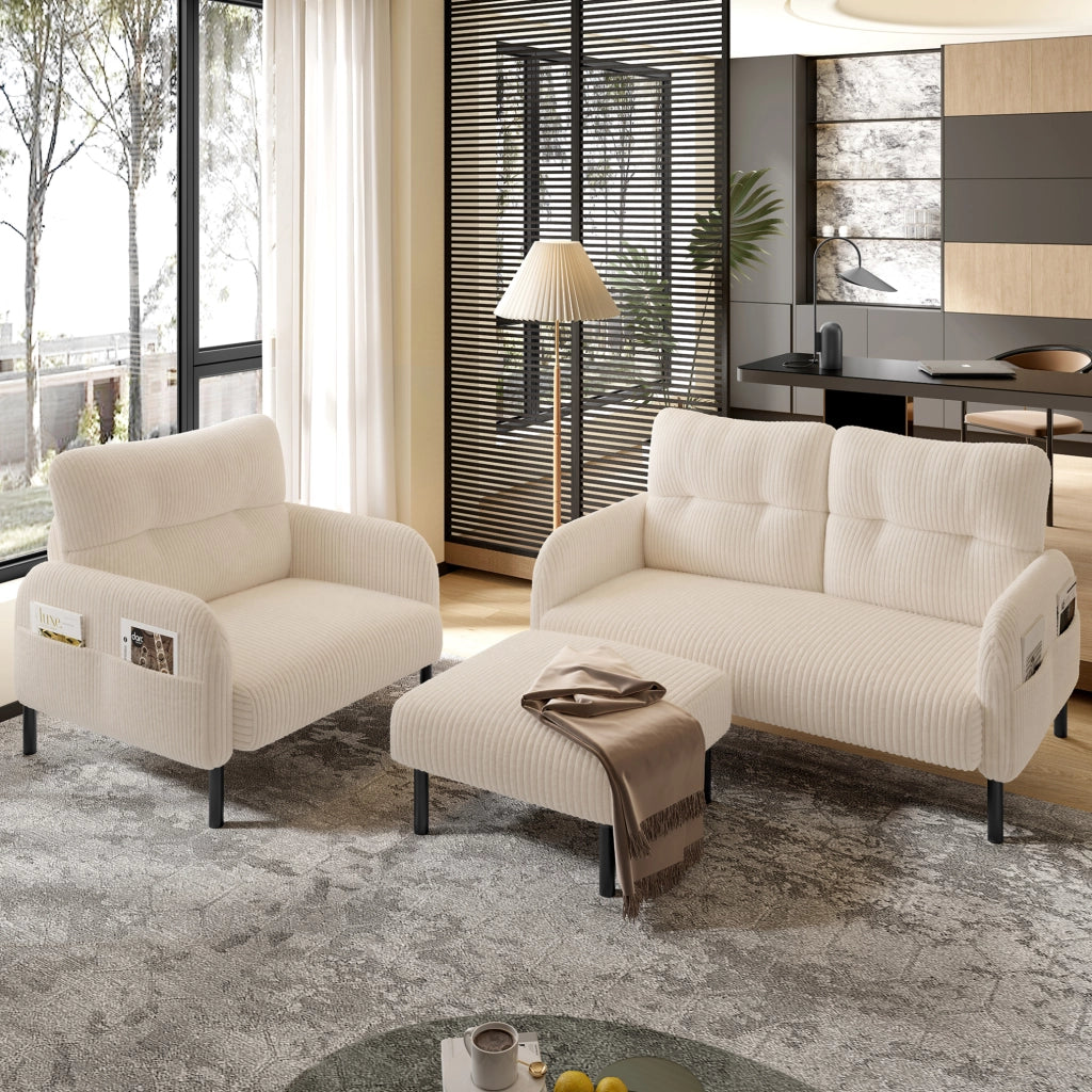 Poltrona singola beige in velluto a coste con tasca laterale