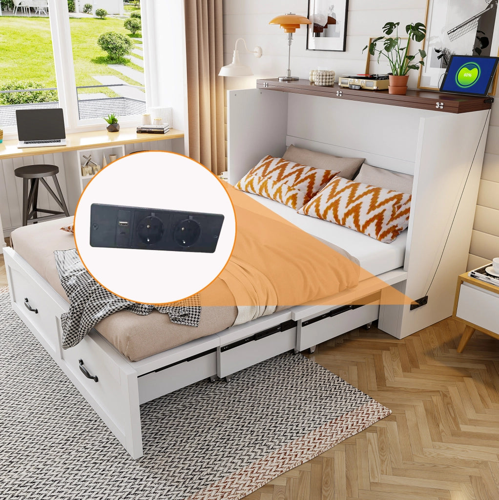 Letto a scomparsa ULEVR 140x200 cm con struttura estraibile, presa europea e ruote silenziose, bianco
