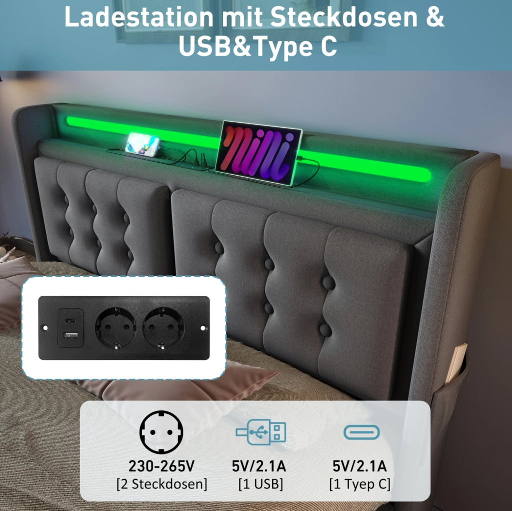 Letto 140x200 con materasso, LED, USB-C e 4 cassetti