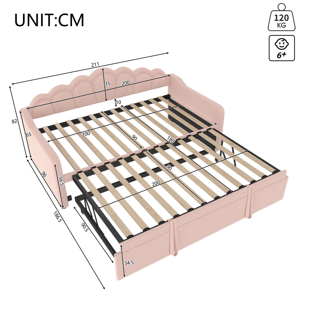 Letto a Divanetto Estraibile 90x200 cm e 180x200 cm; con LED; in Velluto; Rosa