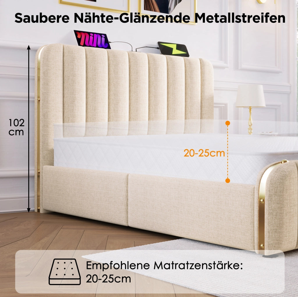 Letto matrimoniale imbottito 180x200 cm in lino beige con USB Type-C; contenitore e materasso incluso