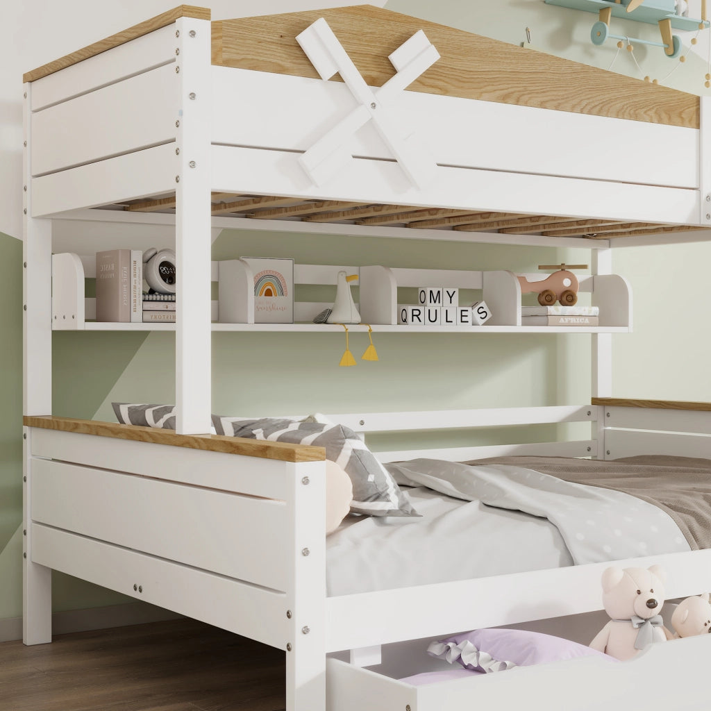 Letto a castello 90x200 e 140x200 cm con decorazione a mulino e 2 cassetti; bianco e naturale