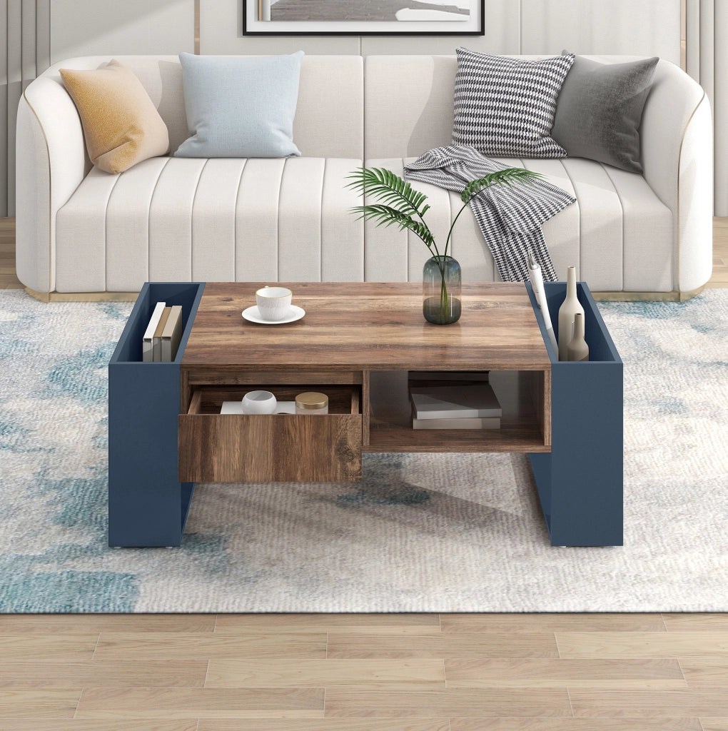Tavolino da caffè rettangolare 111x40x60 cm in truciolare con vani contenitore; legno e nero
