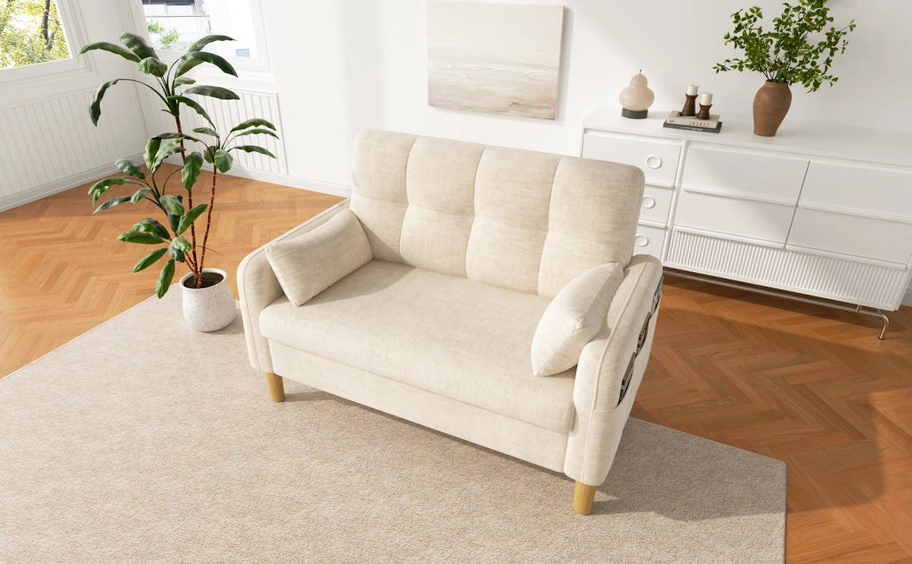 Divano a 2 posti moderno in tessuto chenille beige con cuscini e tasca laterale, 119x78x85 cm
