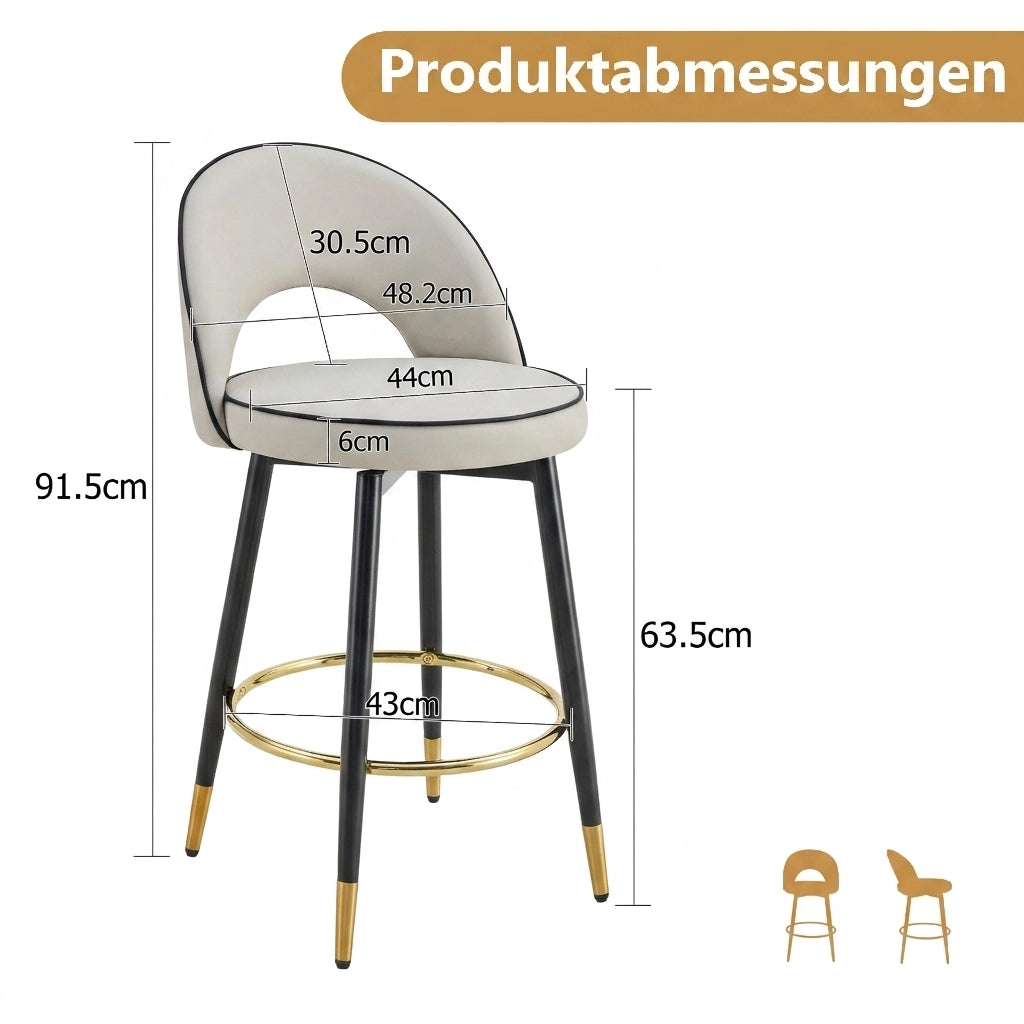 Sgabello da bar girevole a 360° in PU grigio e bianco con dettagli dorati e struttura in metallo set da 2