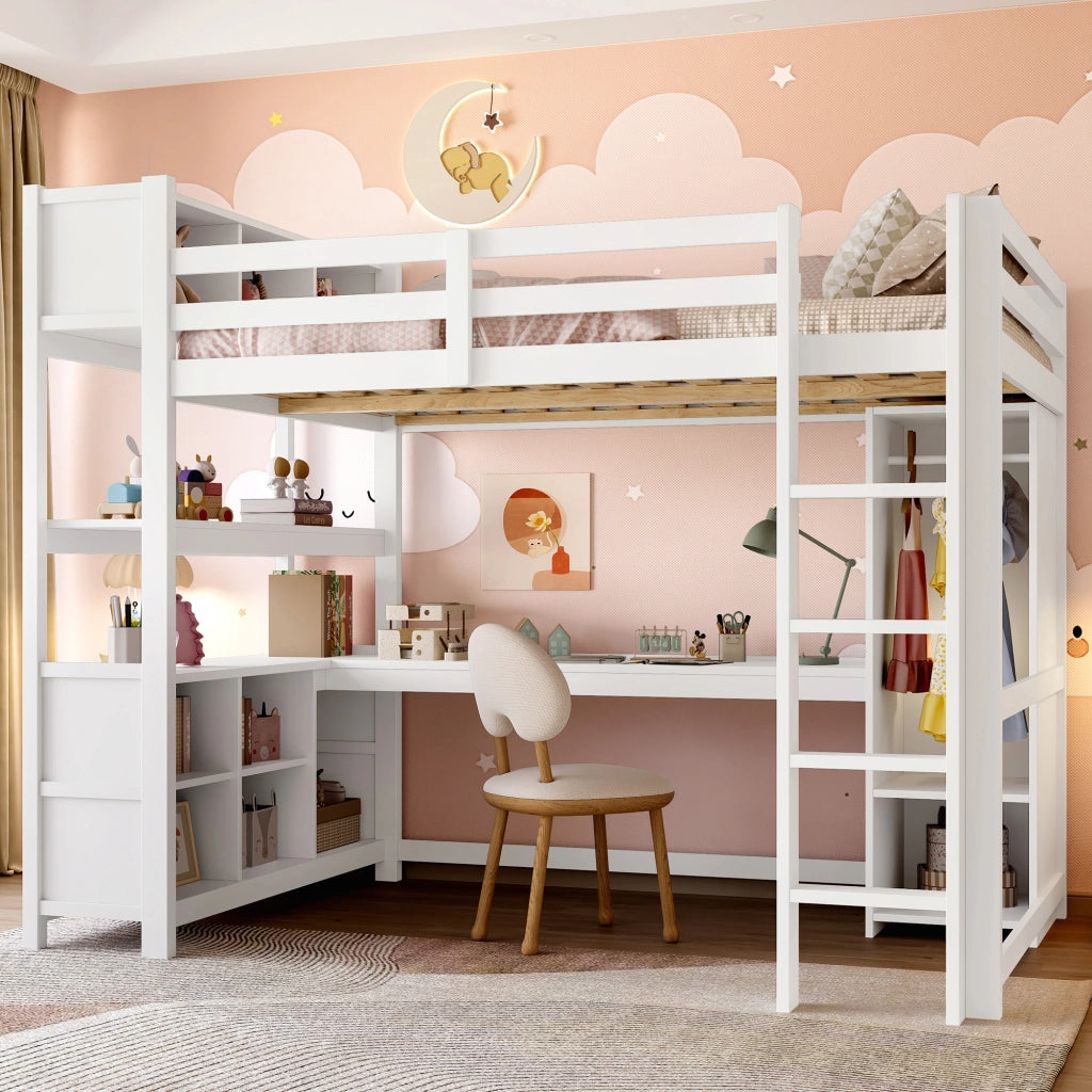 Letto a soppalco per bambini 140x200 cm con scrivania; armadio; mensole e vani portaoggetti; salvaspazio; bianco