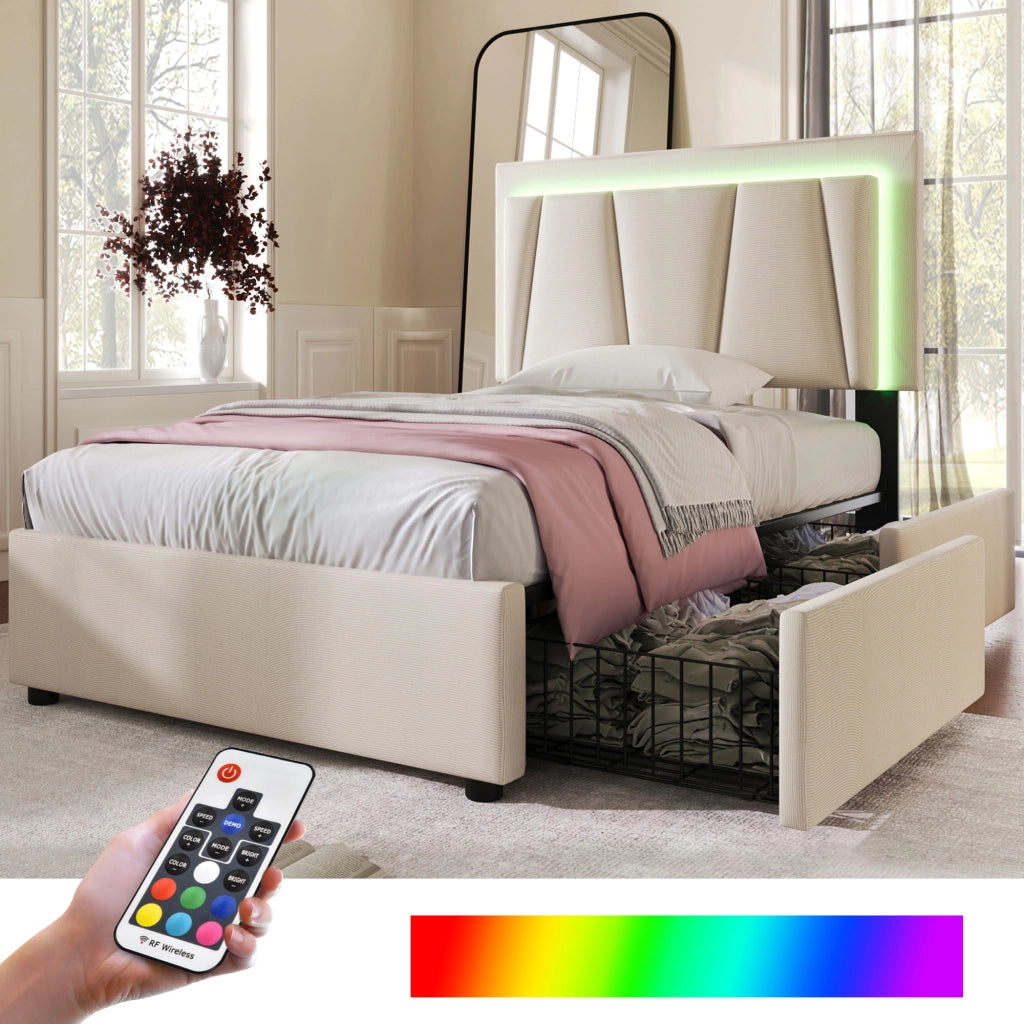 Letto singolo imbottito 90x200 cm con LED e 2 cassetti, testiera regolabile in altezza, contenitore, rete a doghe in legno - Beige (Con materasso)