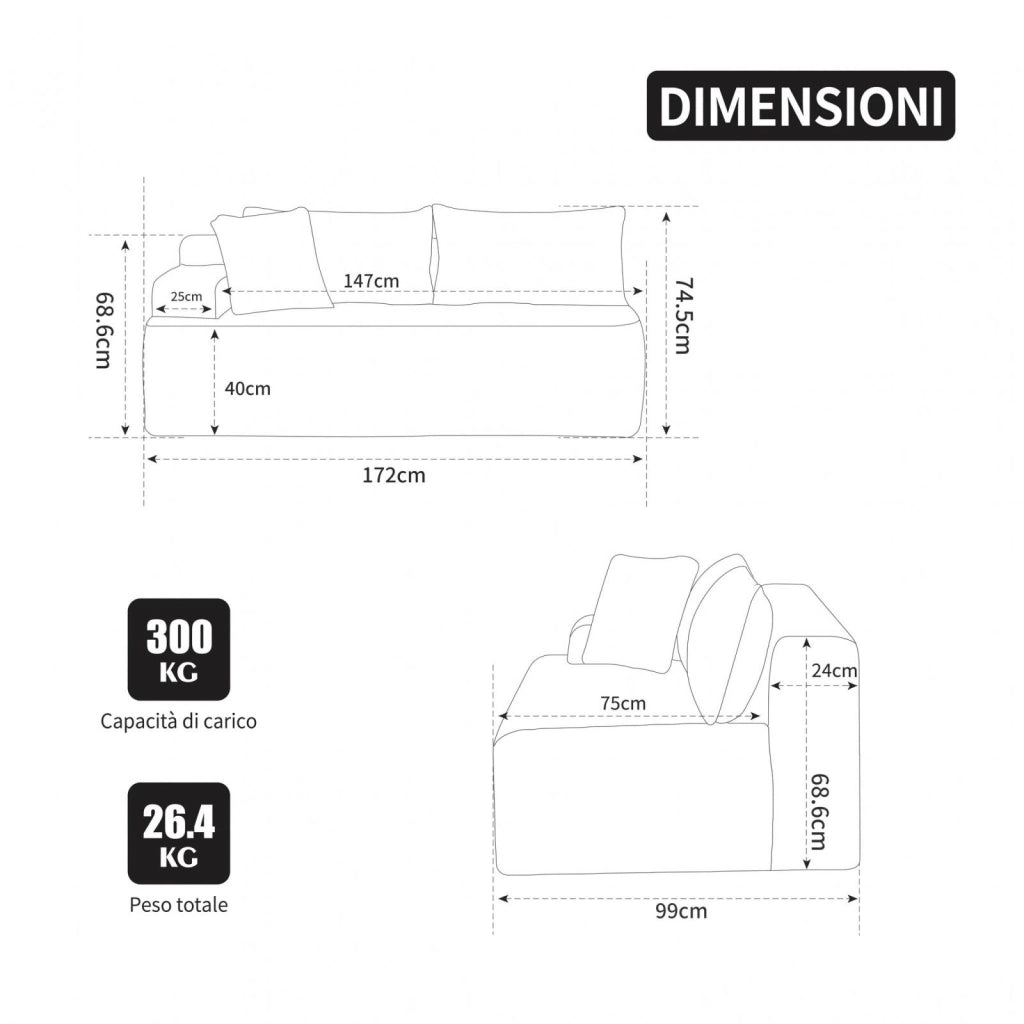 Divano compatto, divano modulare, tessuto chenille, schiuma ad alta elasticità 30D, base antiscivolo, 2 posti, grigio