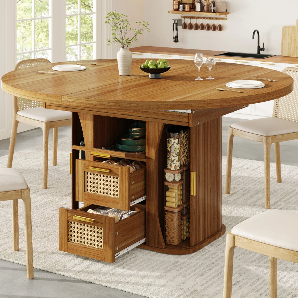 Tavolo da pranzo allungabile con cassetti in rattan, MDF effetto legno, 118-158 cm, nero/naturale/marrone