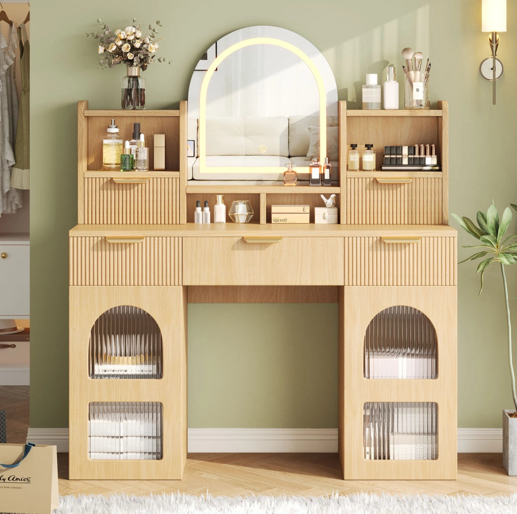 Toeletta ULEVR 120x40x139,5 cm con specchio LED dimmerabile, 3 cassetti e 2 vetrinette, naturale