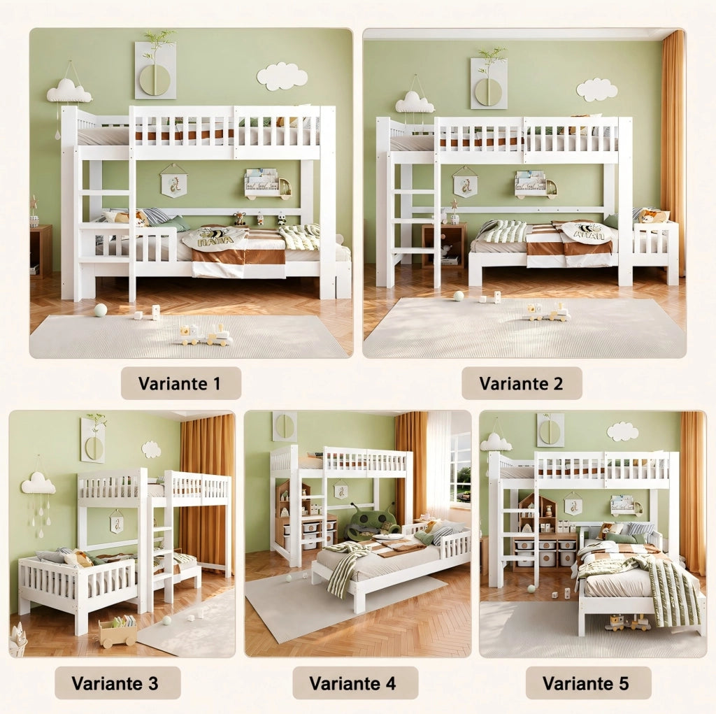 Letto modulare per bambini in legno massiccio 90x200 cm, combinazione di letto a castello e letto singolo, bianco