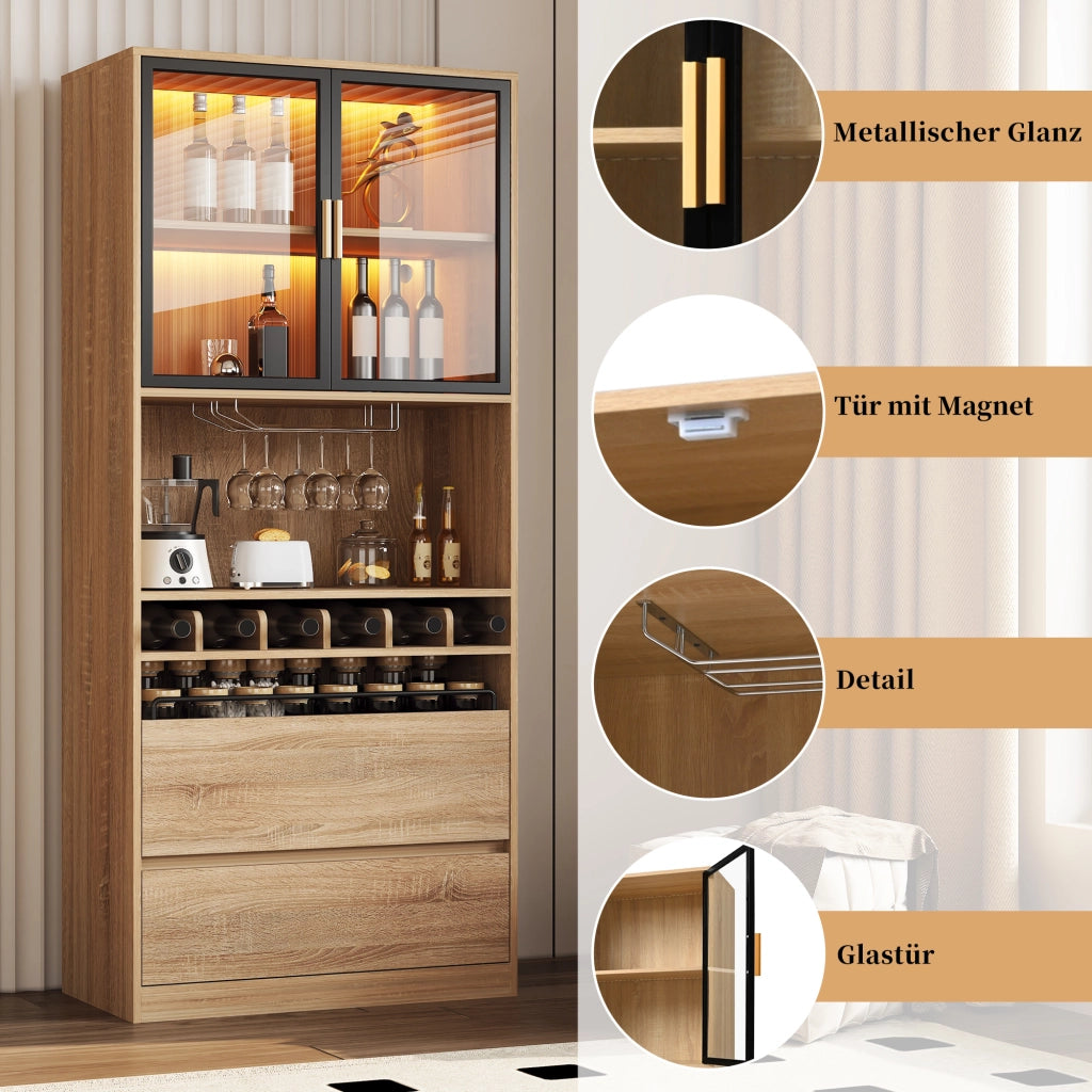 Vetrina con ante in vetro LED a 3 colori vani aperti cassetti e portabicchieri removibile in MDF naturale