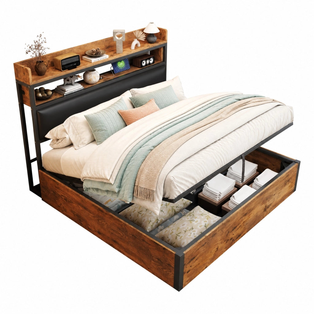 Letto matrimoniale 180x200 cm con contenitore idraulico, USB, testiera imbottita, nero