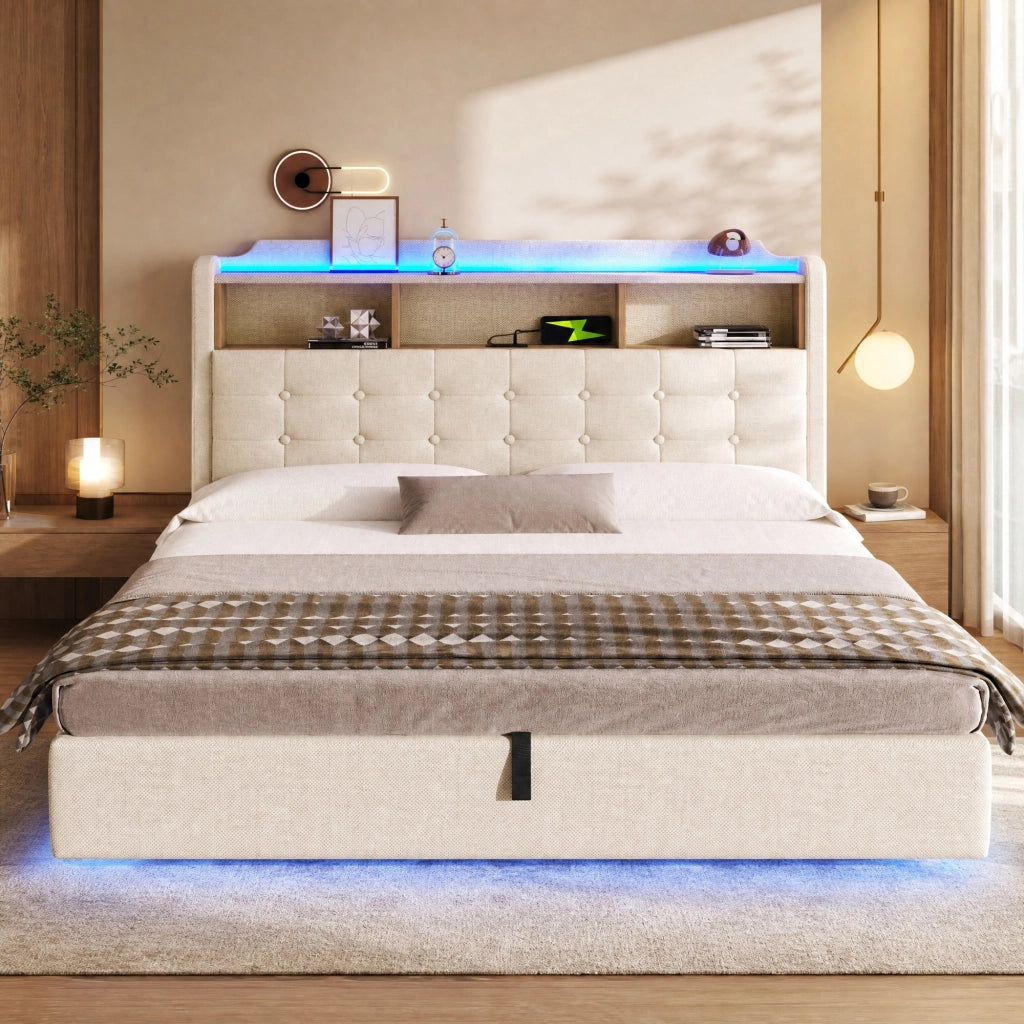 Letto matrimoniale 180 × 200 cm 2 posti con contenitore idraulico; LED; USB e Type-C; senza materasso; beige