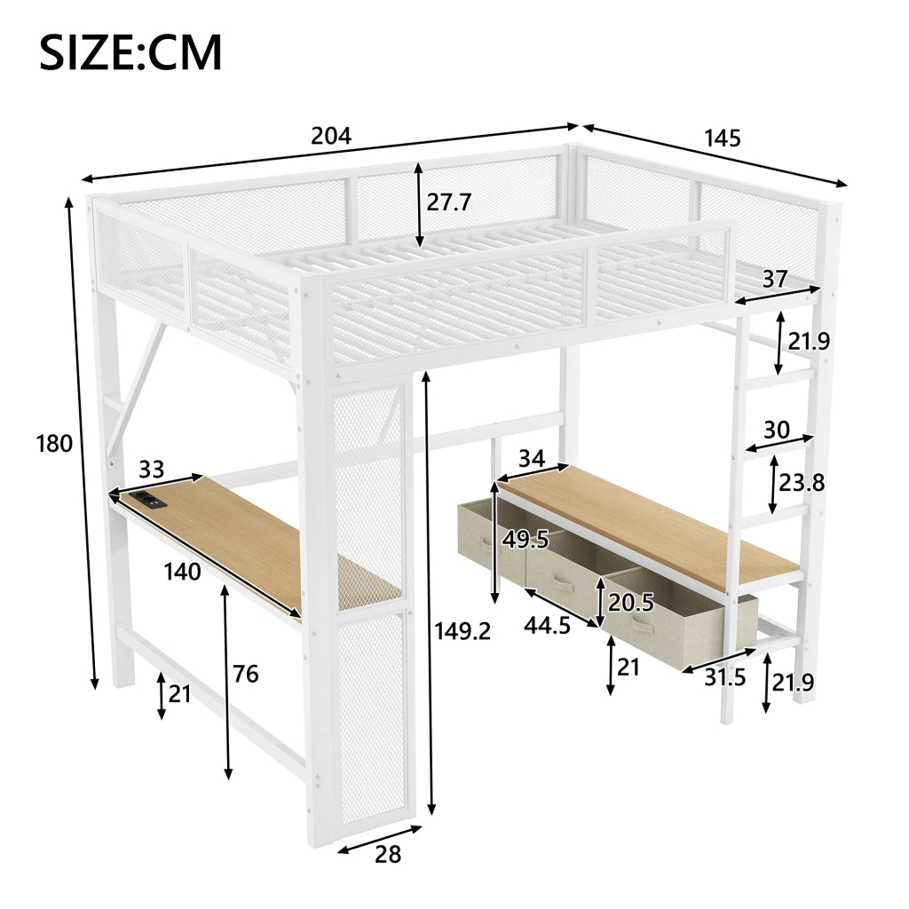 Letto a soppalco 90 ¡Á 200 cm con scrivania; armadio aperto; ripiani; LED e porte USB in legno bianco