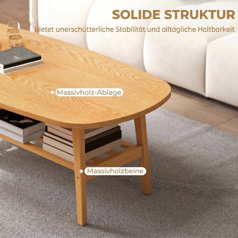 Tavolino basso fisso ovale per soggiorno con ripiano inferiore e finitura legno naturale 120 × 60 × 42 cm