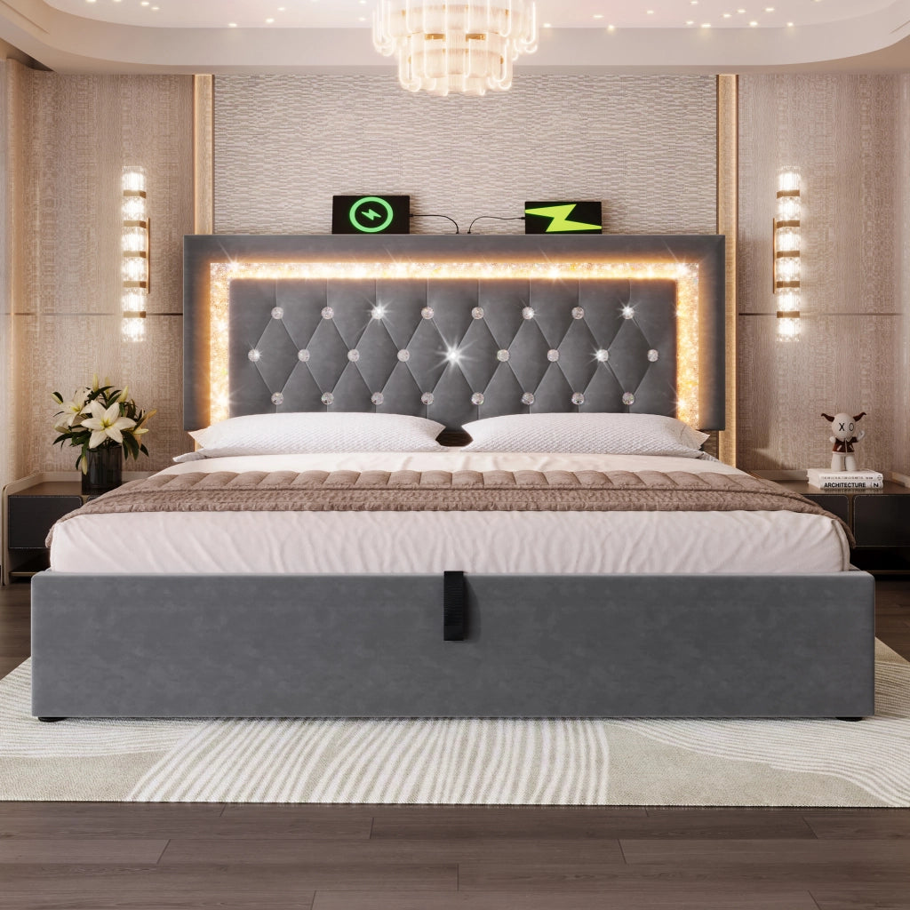 Letto matrimoniale con contenitore 140 × 200 cm imbottito in velluto grigio con LED USB e Type-C