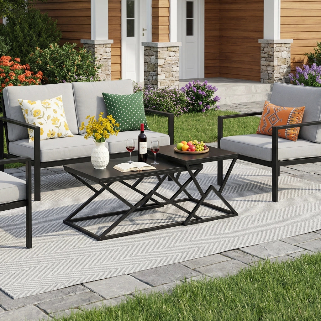 Tavolino basso fisso geometrico con struttura incrociata in ferro e piano in pannello di particelle nero 80 × 50 × 40 cm