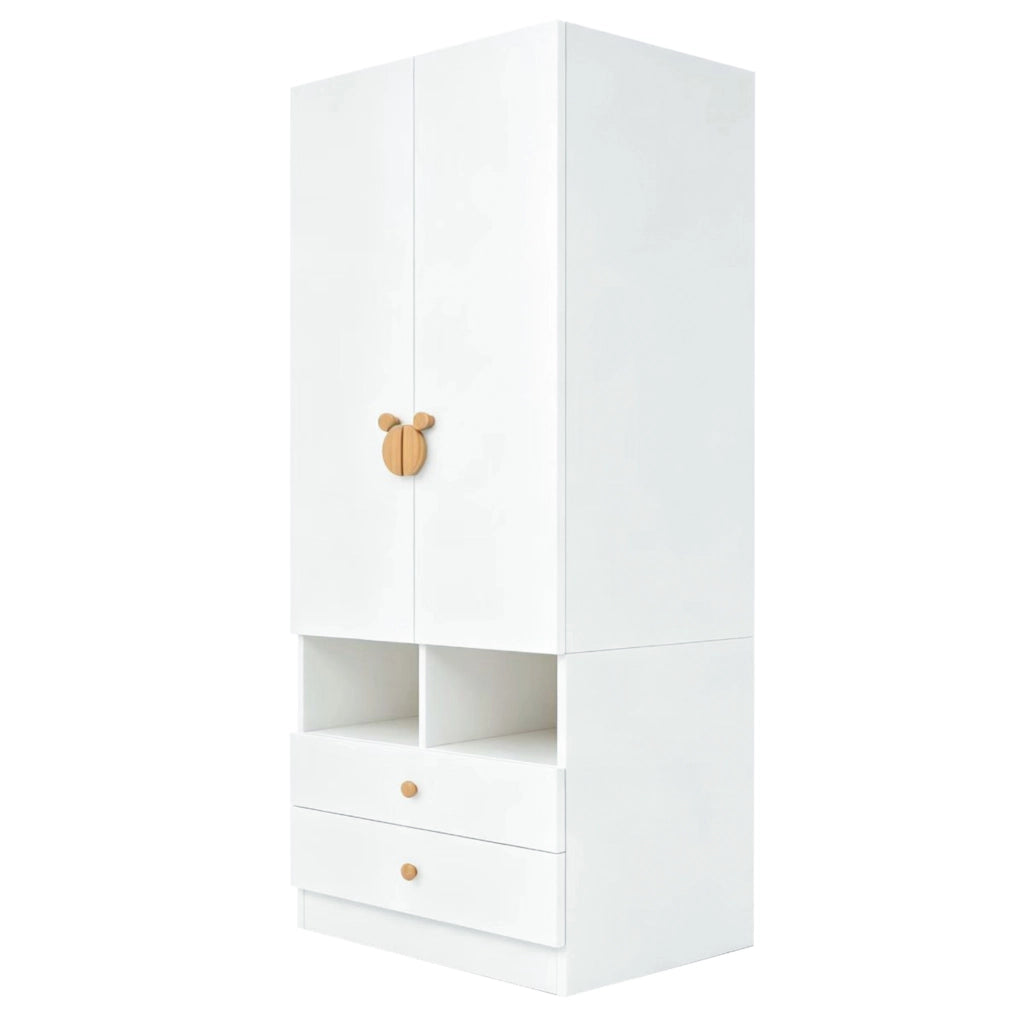 Armadio singolo bianco 70×50×170 cm con due cassetti, maniglie cartoon e piccoli vani portaoggetti