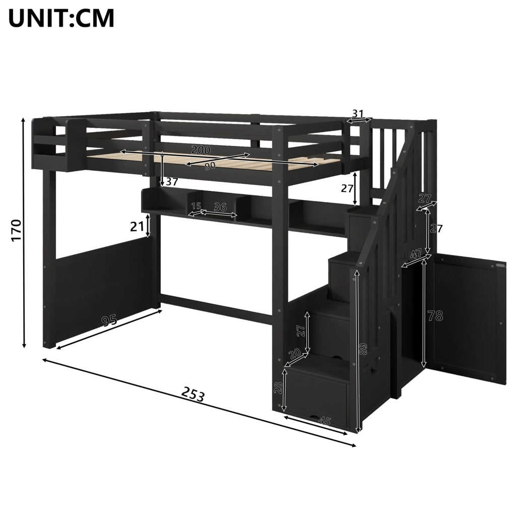 Letto a soppalco 90x200 cm con LED, armadio e scala nera