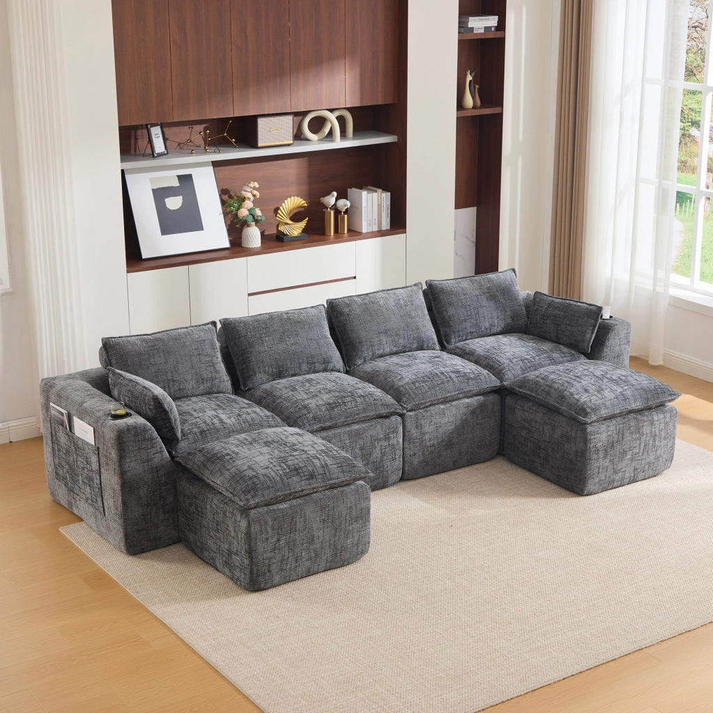 Divano modulare ULEVR 322x161x75 cm in ciniglia grigio scuro con cuscini e tasche laterali