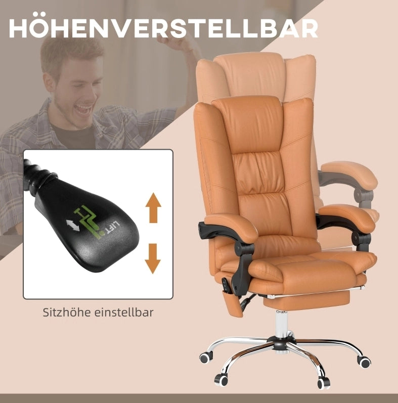 Sedia da Ufficio con Massaggio, Funzione Riscaldante e Schienale Reclinatabile, Altezza Regolabile, Rivestita in Ecopelle Marrone Chiaro